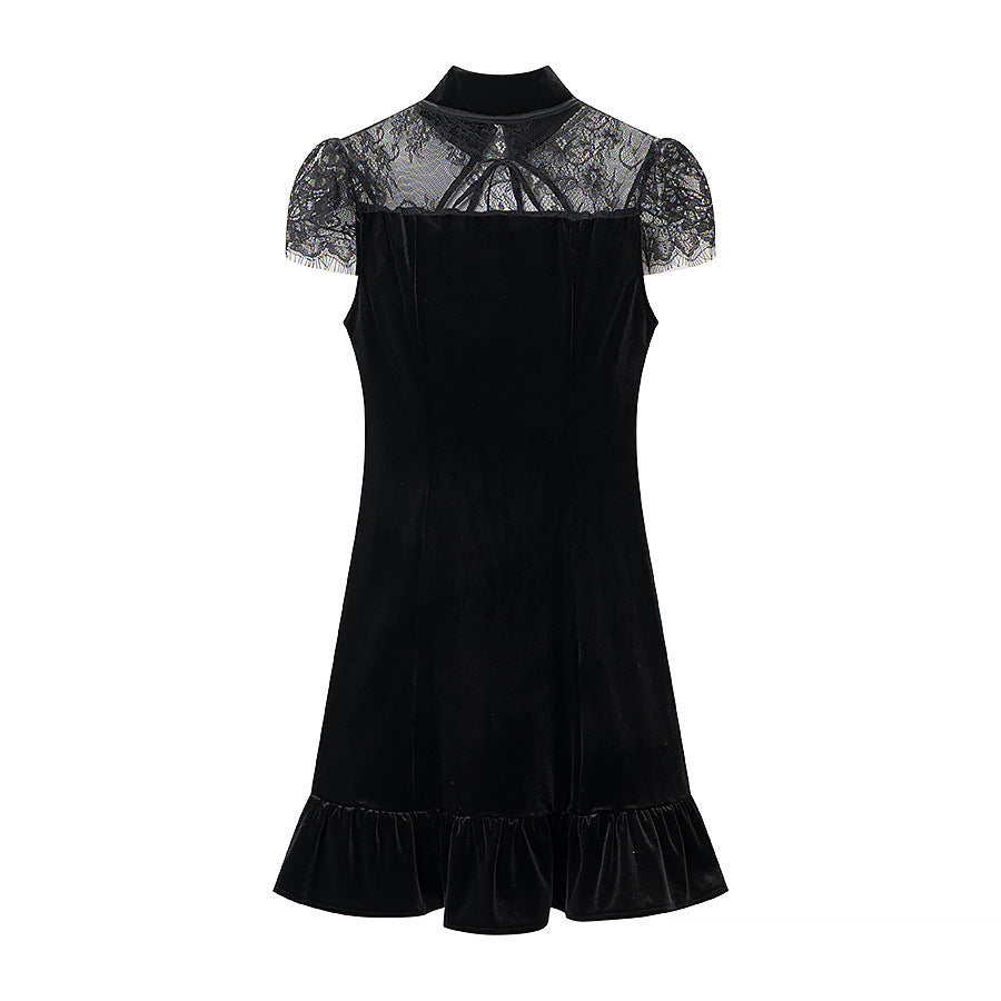 Damen Abendkleid mit transparenten Spitzenärmel und Rüschensaum Drune