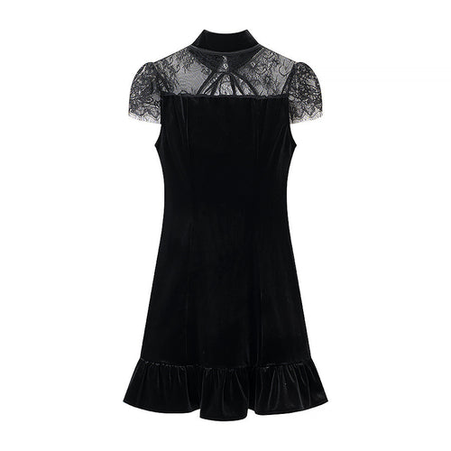 Damen Abendkleid mit transparenten Spitzenärmel und Rüschensaum Drune