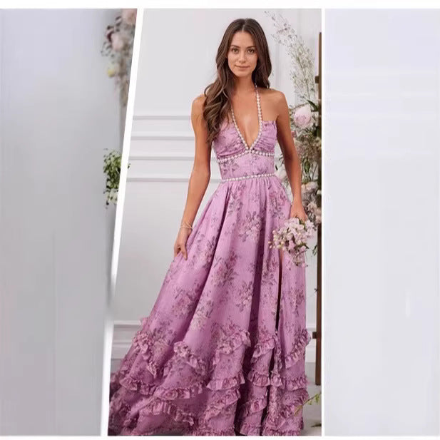Damen Maxikleid mit tiefem V-Ausschnitt und floralen Rüschen Drune