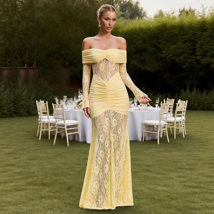Damen Elegantes Spitzen Abendkleid mit schulterfreier Silhouette und raffinierten Rüschendetails Drune