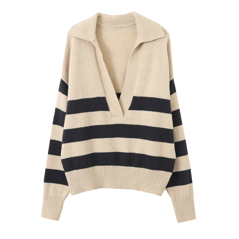 Damen lässiger Strickpullover mit V-Ausschnitt und asymmetrischem Streifenmuster Drune