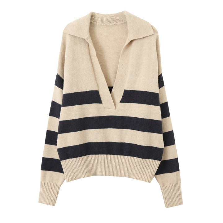 Damen lässiger Strickpullover mit V-Ausschnitt und asymmetrischem Streifenmuster Drune