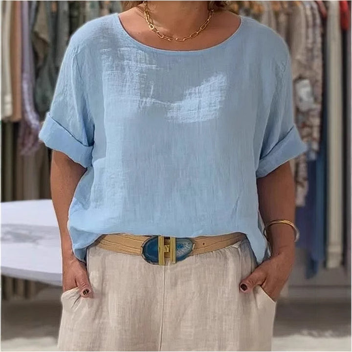Damen lässige Leinenbluse mit umschlagbaren Ärmeln und weitem Schnitt Drune