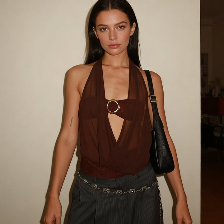 Damen Elegantes und figurbetontes Top mit tiefem Ausschnitt und schimmerndem Band Drune
