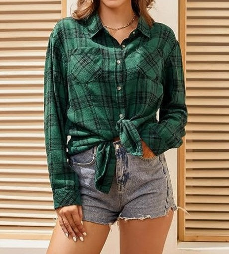 Damen karierte Flanellbluse mit Knoten-Detail Drune