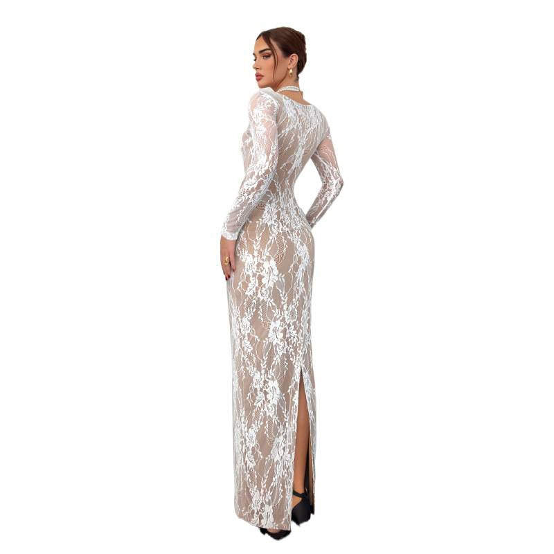 Damen Elegantes Spitzenkleid mit tiefem Rückenausschnitt und transparenten Ärmeln Drune