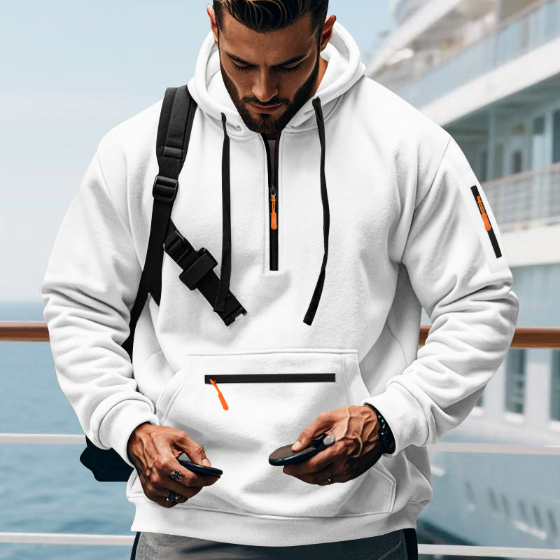 Herren nan technischer Halbzip-Outdoor-Hoodie mit verdeckter Kängurutasche, Reißverschluss-Ärmeltasche und integriertem Kabelkanal Drune