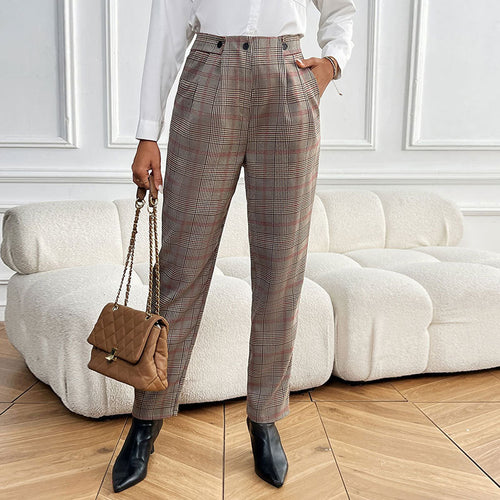 Damen Karierter Stoffhose mit eleganter Faltenlegung Drune