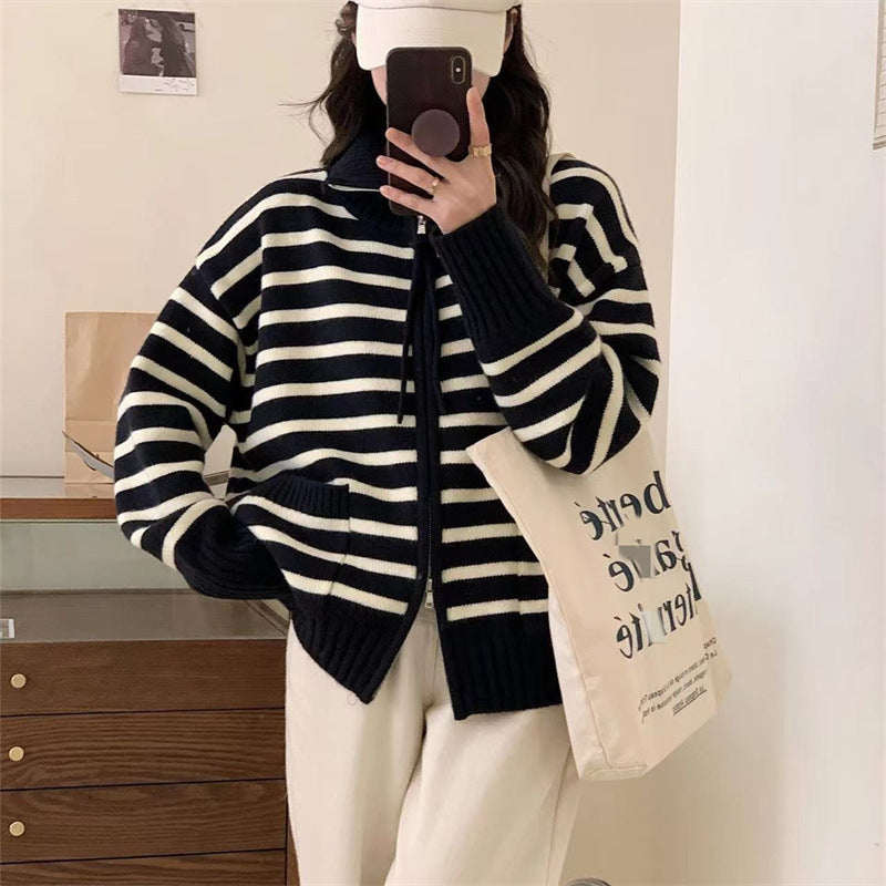 Damen Strickjacke mit modernem Streifenmuster und praktischen Taschen Drune