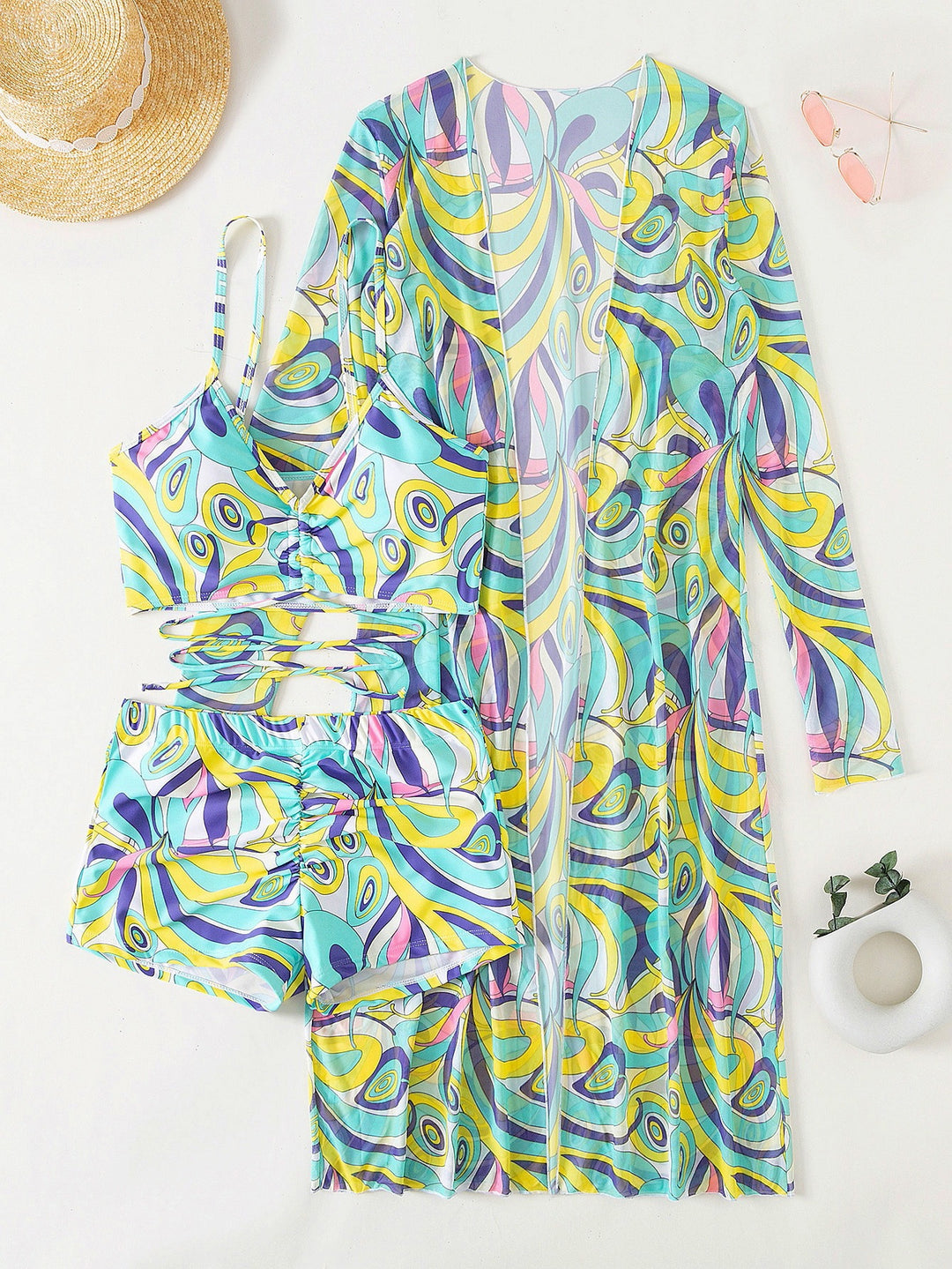 Damen Strandanzug mit leichtem Kimono und buntem Unterteil Drune