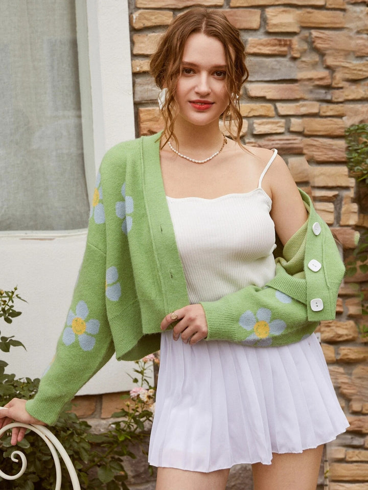 Damen grobstrick Cardigan mit floralem Muster und Knopfdetails Drune