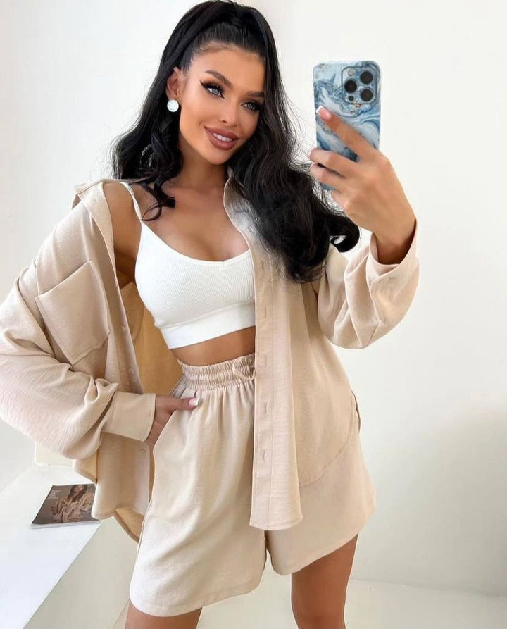 Damen Lässiges Sommer-Set mit leichter Blusenjacke und bequemen Shorts Drune