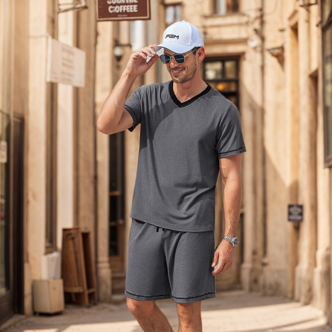 Herren lässiges Freizeit-Set aus atmungsaktivem Material mit modernem V-Ausschnitt Drune