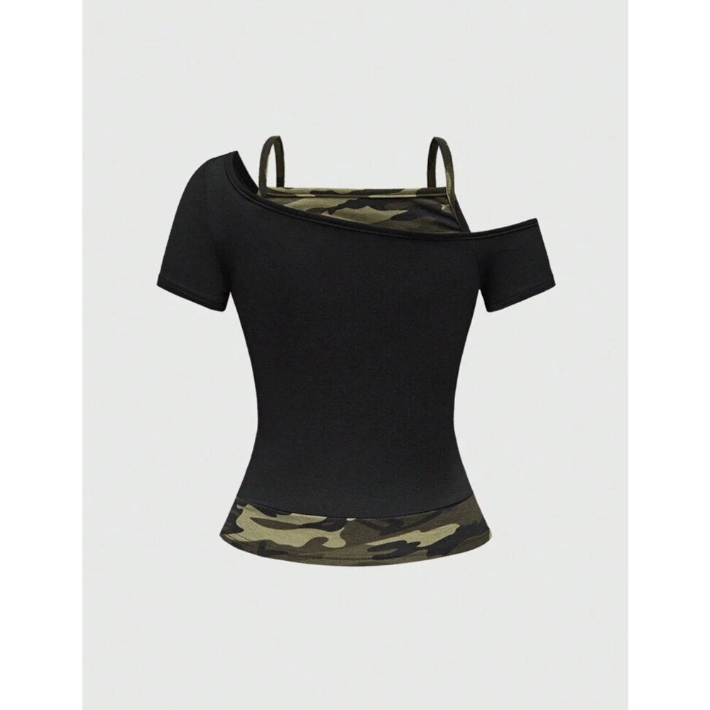 Damen Off-Shoulder Top mit Camouflage-Muster Drune