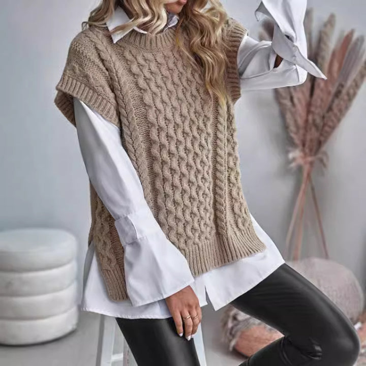 Damen Modischer Strickpullover mit luxuriösem Zopfmuster und ärmelloser Gestaltung Drune