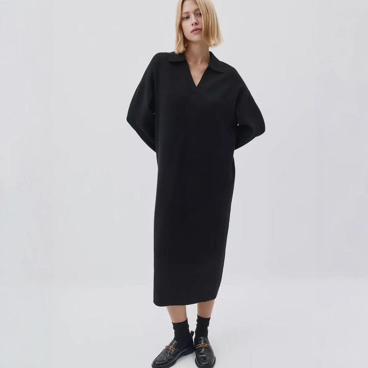 Damen Übergröße Strickkleid mit modernem Polokragen und langen Ärmeln Drune