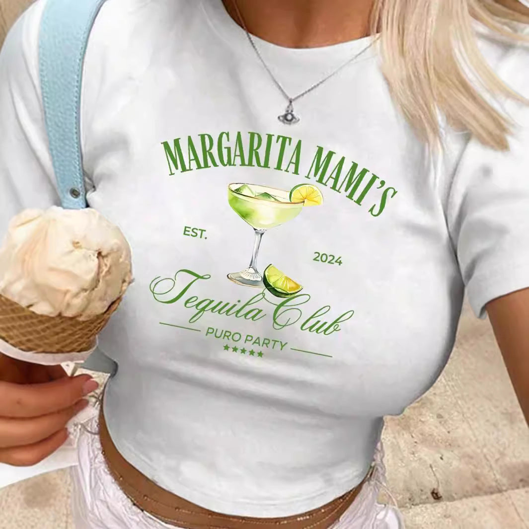 Damen Crop-T-Shirt mit kreativem Cocktail-Design Drune