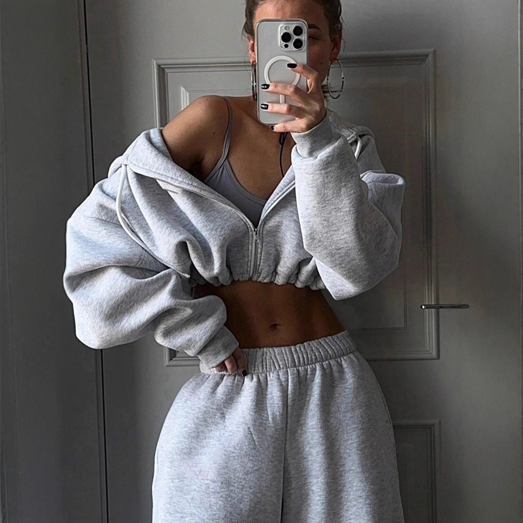 Damen nan kurzes Zip-Hoodie Cropped Sweatshirt mit Kordelzug, angesetzten Ballonärmeln und elastischem Saum Drune
