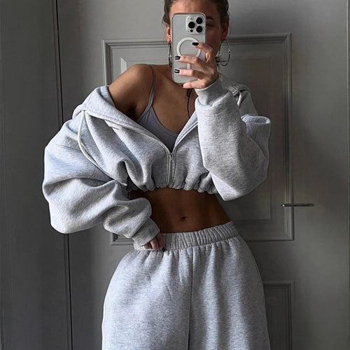 Damen nan kurzes Zip-Hoodie Cropped Sweatshirt mit Kordelzug, angesetzten Ballonärmeln und elastischem Saum Drune