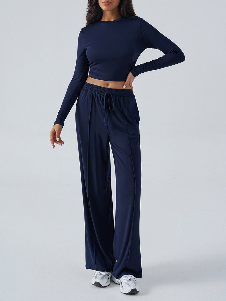 Damen lässiges Lounge-Set mit langärmligem Crop-Top und weitem Bund Drune
