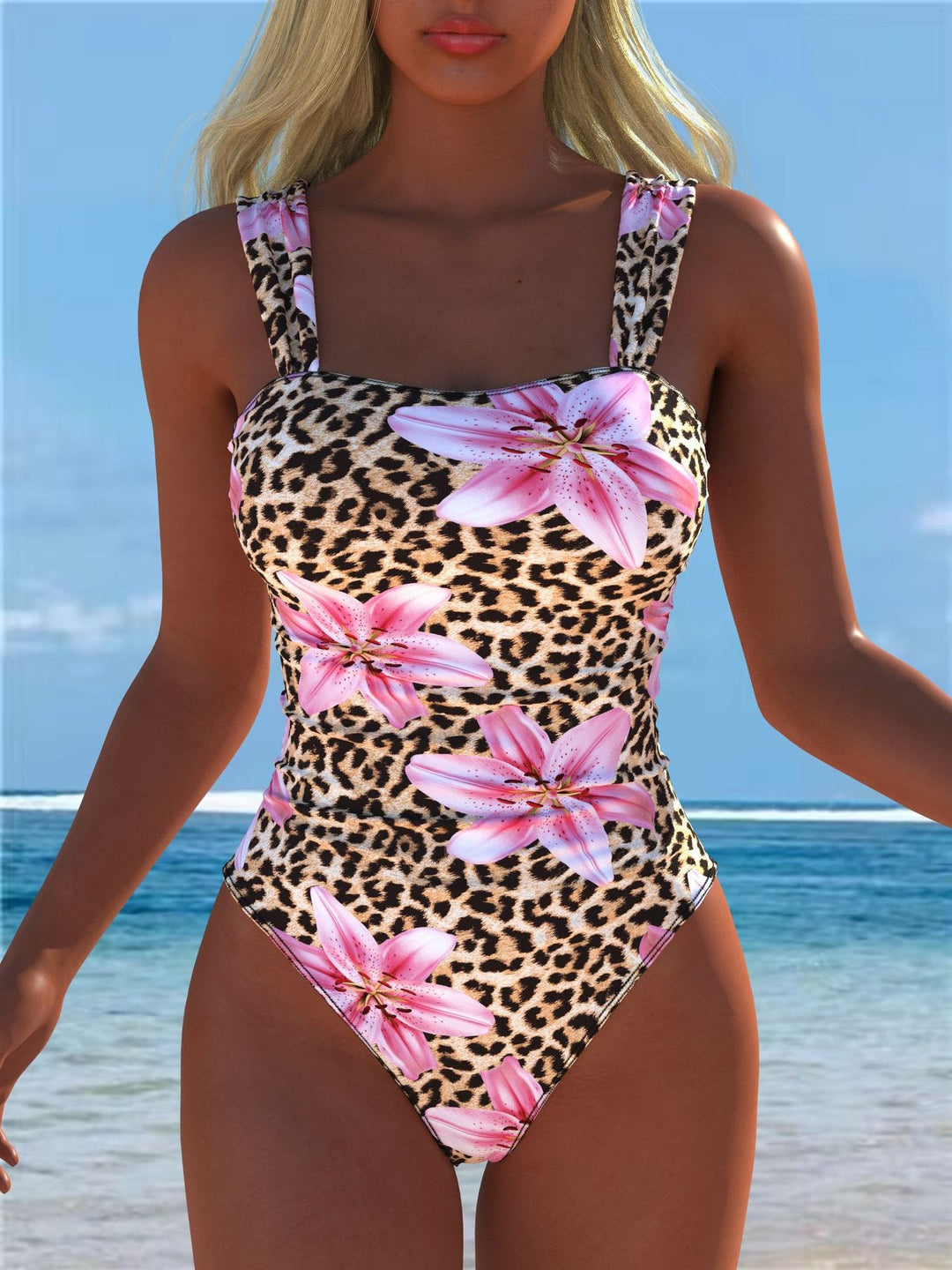 Damen einteiliger Badeanzug mit floraler und tierischer Musterkombination Drune