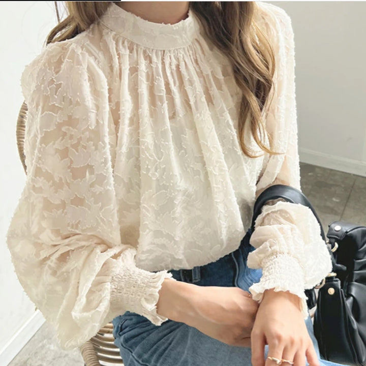 Damen elegante Bluse mit Bouquets und Volumenärmel Drune