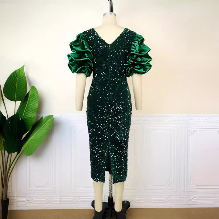 Damen glamouröses Abendkleid mit Puffärmeln Drune