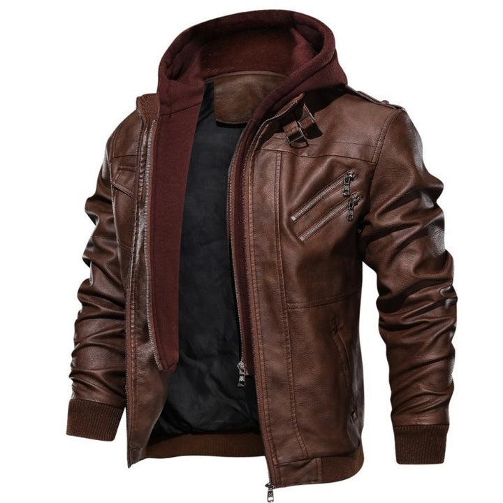 Herren Kunstlederjacke mit abnehmbarer Kapuze und praktischen Taschen Drune