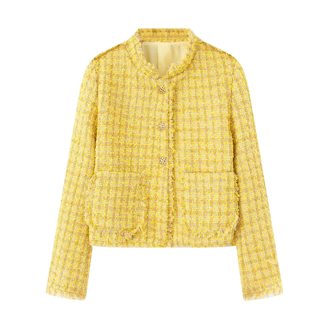 Damen stilvolle Kurzjacke im strukturierten Tweed-Design mit dekorativen Knöpfen Drune