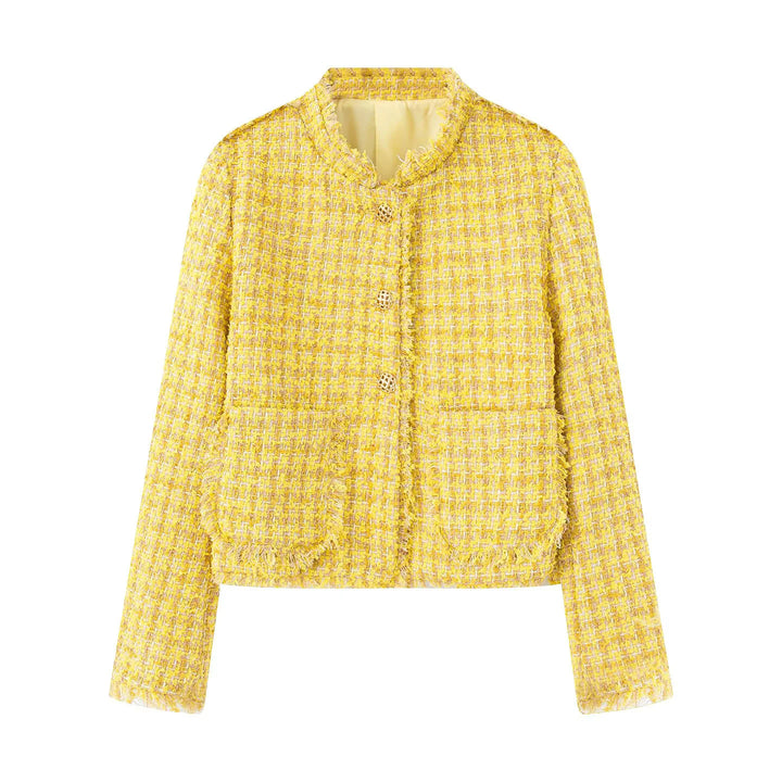 Damen stilvolle Kurzjacke im strukturierten Tweed-Design mit dekorativen Knöpfen Drune