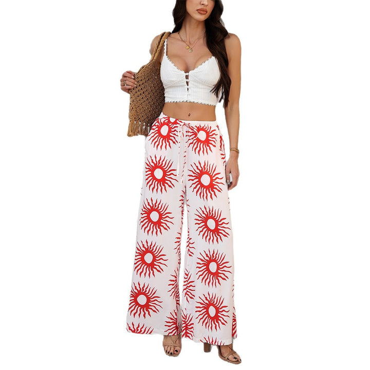 Damen nan weite Palazzo-Hose mit Kordelbund, Eingrifftaschen und mediterranem Kachelprint Drune