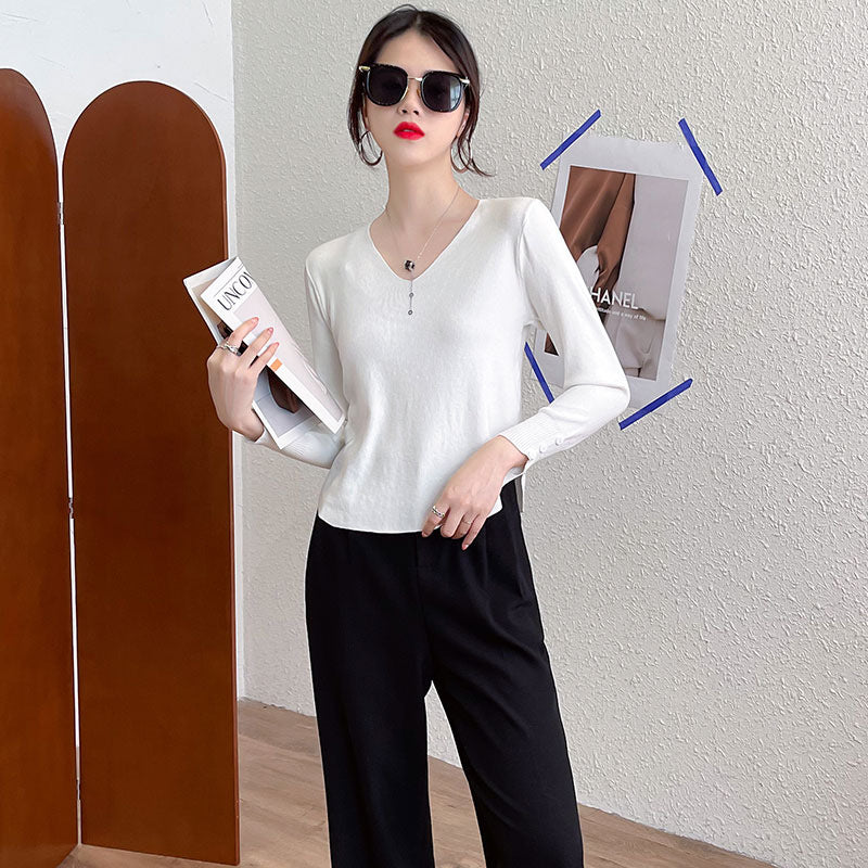 Damen elegantes Strickoberteil mit V-Ausschnitt und Rippstruktur Drune