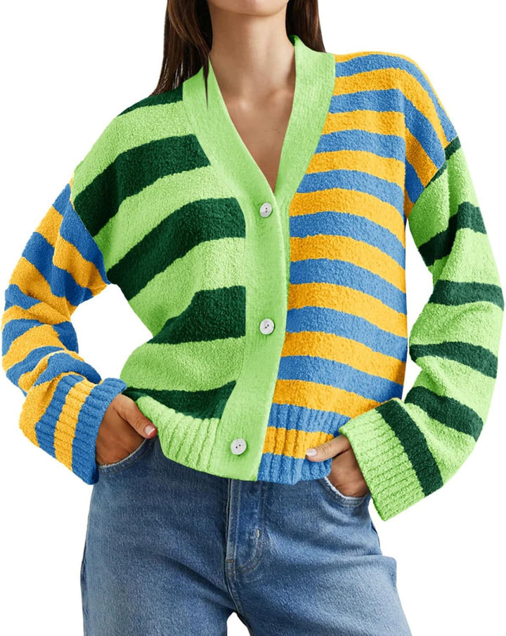 Damen Gemusterte Strickjacke mit farbenfrohem Streifenmuster und Knopfdetails Drune