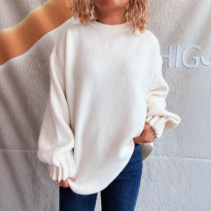 Damen lässiger Strickpullover mit weitem Rundhalsausschnitt und fluffiger Textur Drune