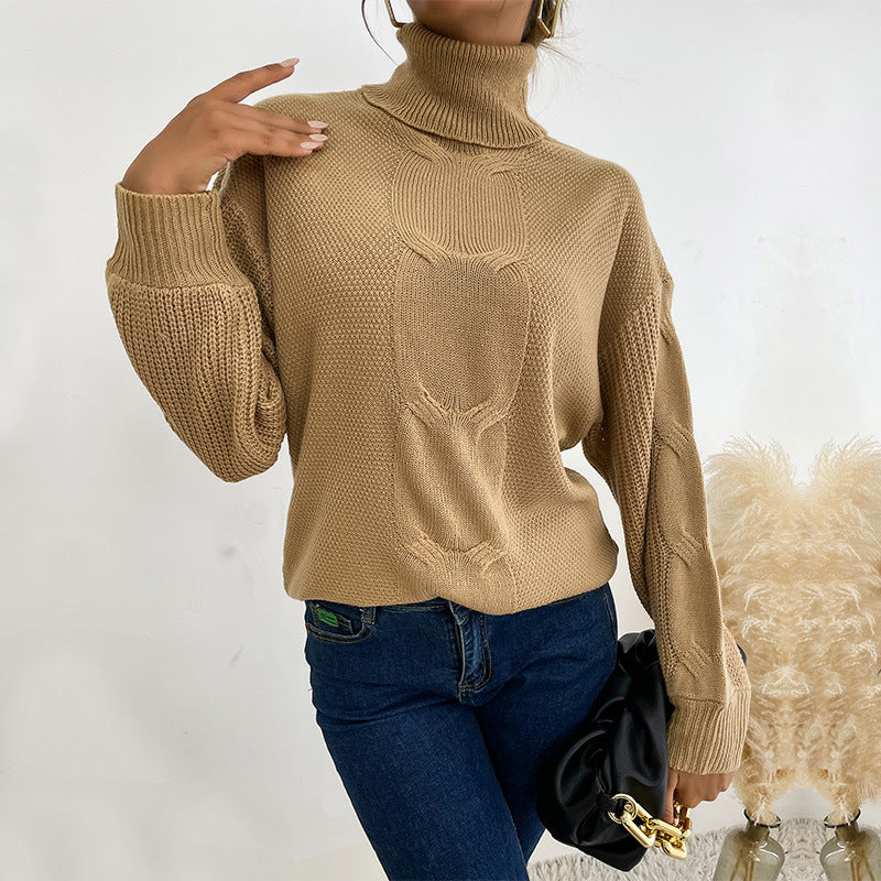 Damen modischer Pullover im groben Strickdesign mit hohen Kragen Drune