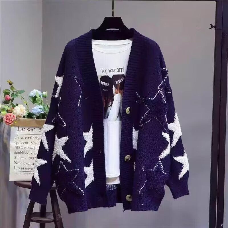 Damen Grobstrick-Cardigan mit Sternenmuster und tiefem V-Ausschnitt Drune