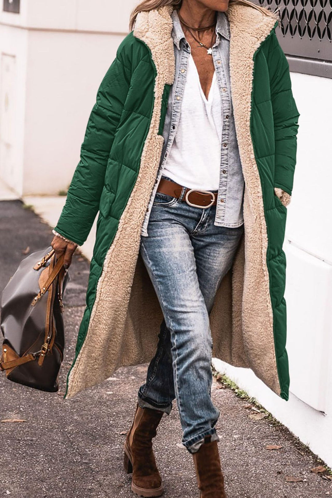 Damen Lange Steppjacke mit kuscheligem Innenfutter und modischer Kapuze Drune
