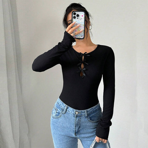 Damen Bodysuit mit dekorativen Schleifen und langem Arm Drune