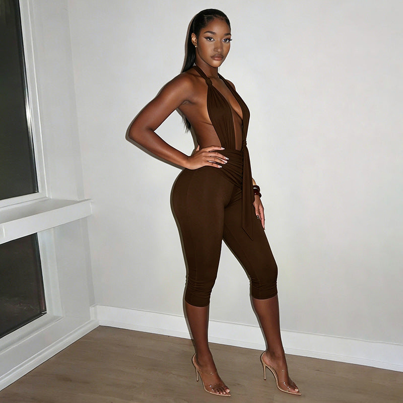 Damen Eleganter Jumpsuit mit tiefem V-Ausschnitt und figurformendem Design Drune