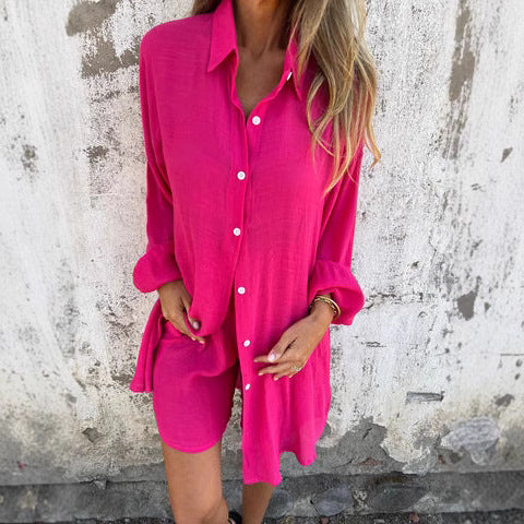 Damen lässiges Blusen-Shorts-Set mit oversized Schnitt und luftiger Textur Drune