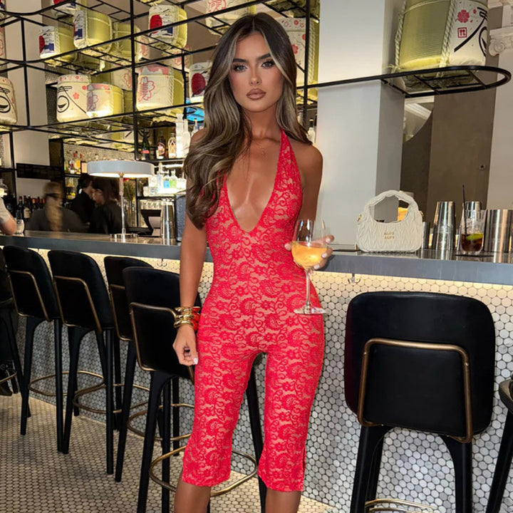 Damen Eleganter Spitzen-Jumpsuit mit tiefem V-Ausschnitt und figurbetonter Silhouette Drune