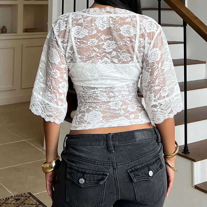 Damen elegantes Spitzenoberteil mit voluminösen Rüschendetails Drune