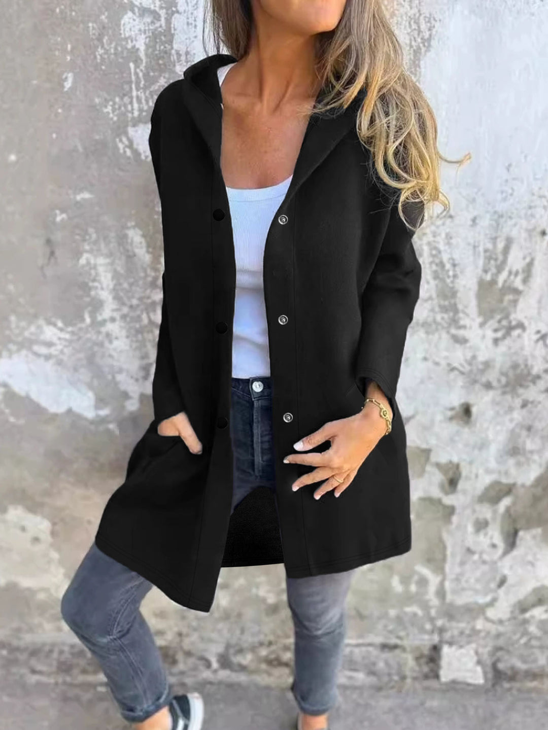 Damen Lässige Jacke mit Kapuze und Knopfverschluss Drune