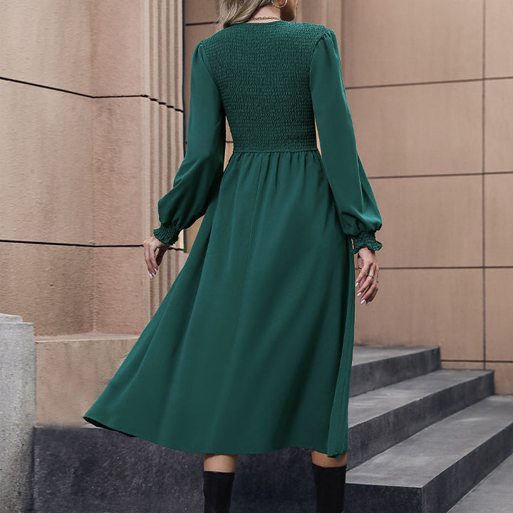 Damen elegantes Midikleid mit strukturiertem Oberteil und fließendem Rock Drune
