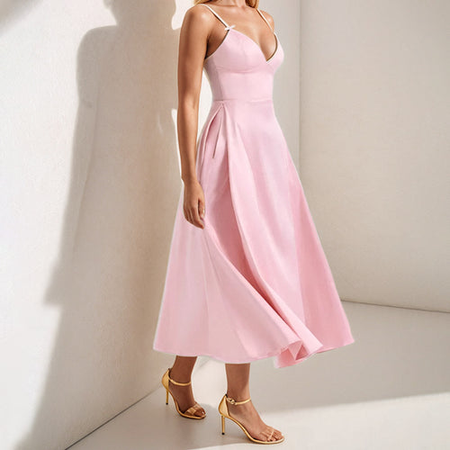 Damen Sommermaxikleid mit elegantem V-Ausschnitt und fließendem Rock Drune