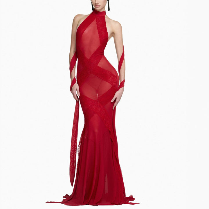 Damen Glamouröses Langarmkleid mit transparenten Einsätzen und raffinierten Drapierungen Drune