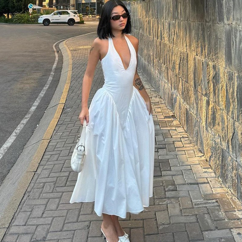 Damen Elegantes Maxikleid mit tiefem V-Ausschnitt und fließendem Rock Drune