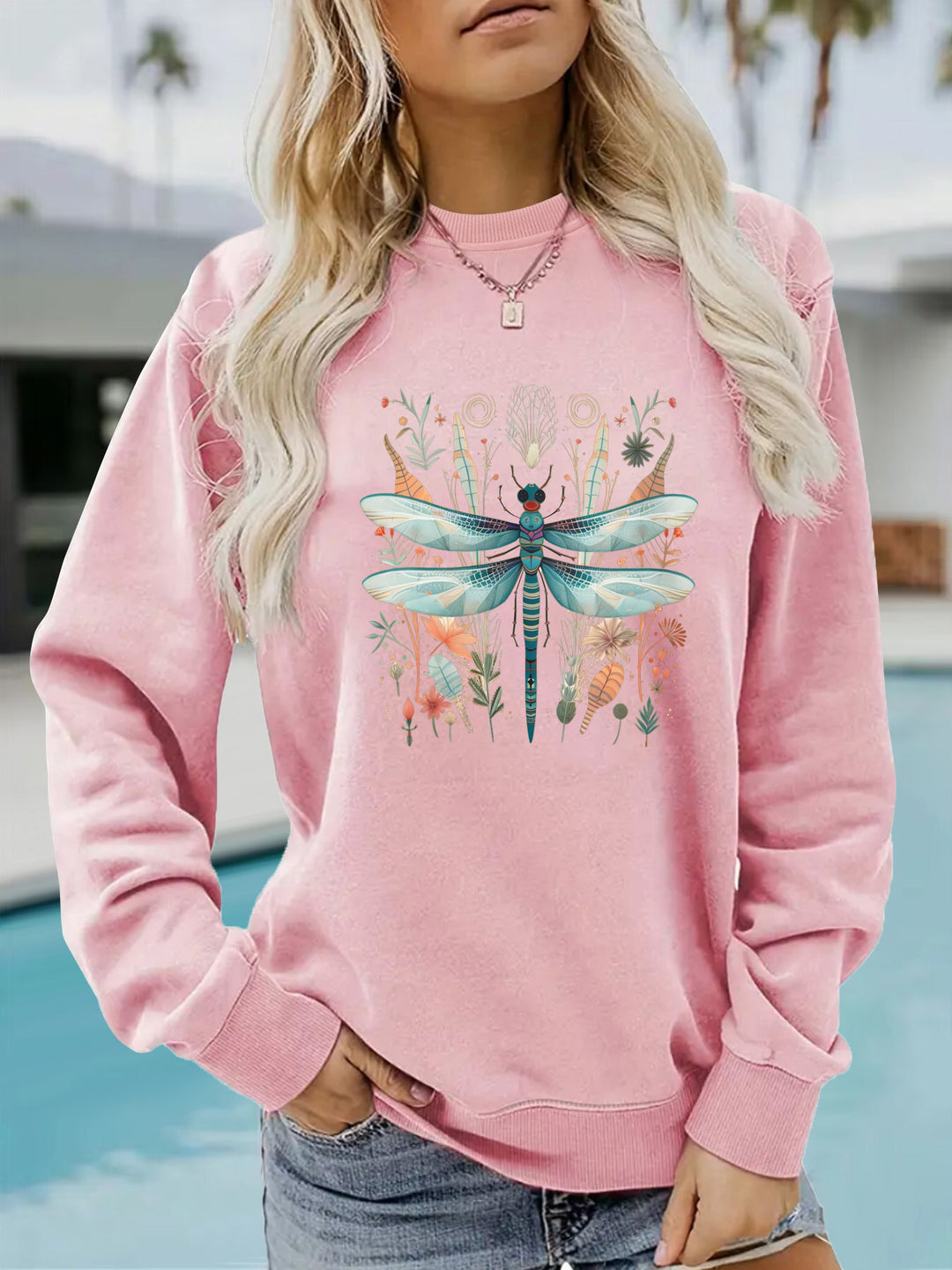 Damen Sweatshirt mit einzigartigem Libellen-Print und botanischem Design Drune