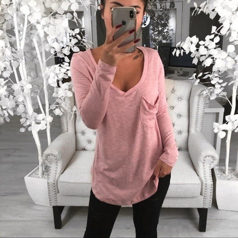 Damen Lässiges Langarmshirt mit tiefem V-Ausschnitt und Brusttasche Drune