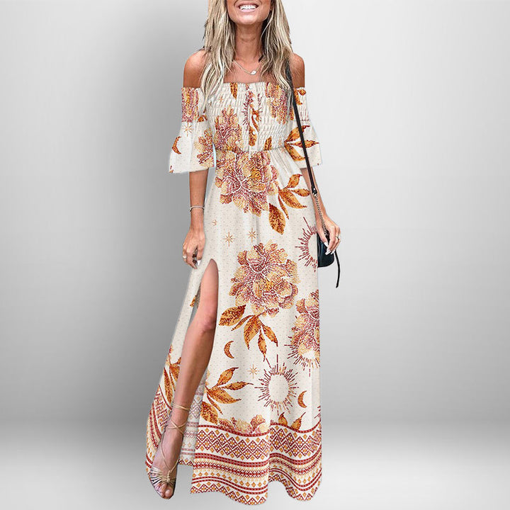 Damen Maxikleid mit schulterfreiem Design und seitlichem Schlitz Drune